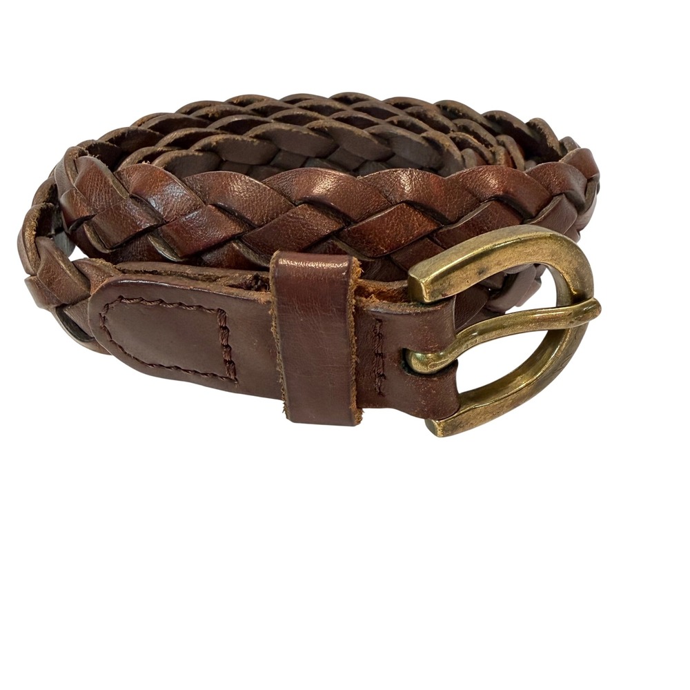 Genuine Leather Braided Belt Brown Woven Brass Buckle Size Medium Adjustable 90s